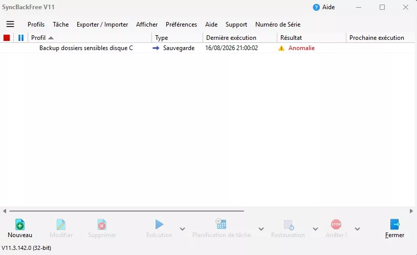 Interface SynckBack Free pour sauvegarder mes données
