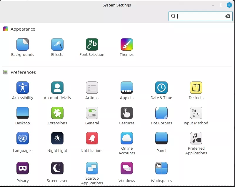 Menu des options de Linux Mint Cinnamon